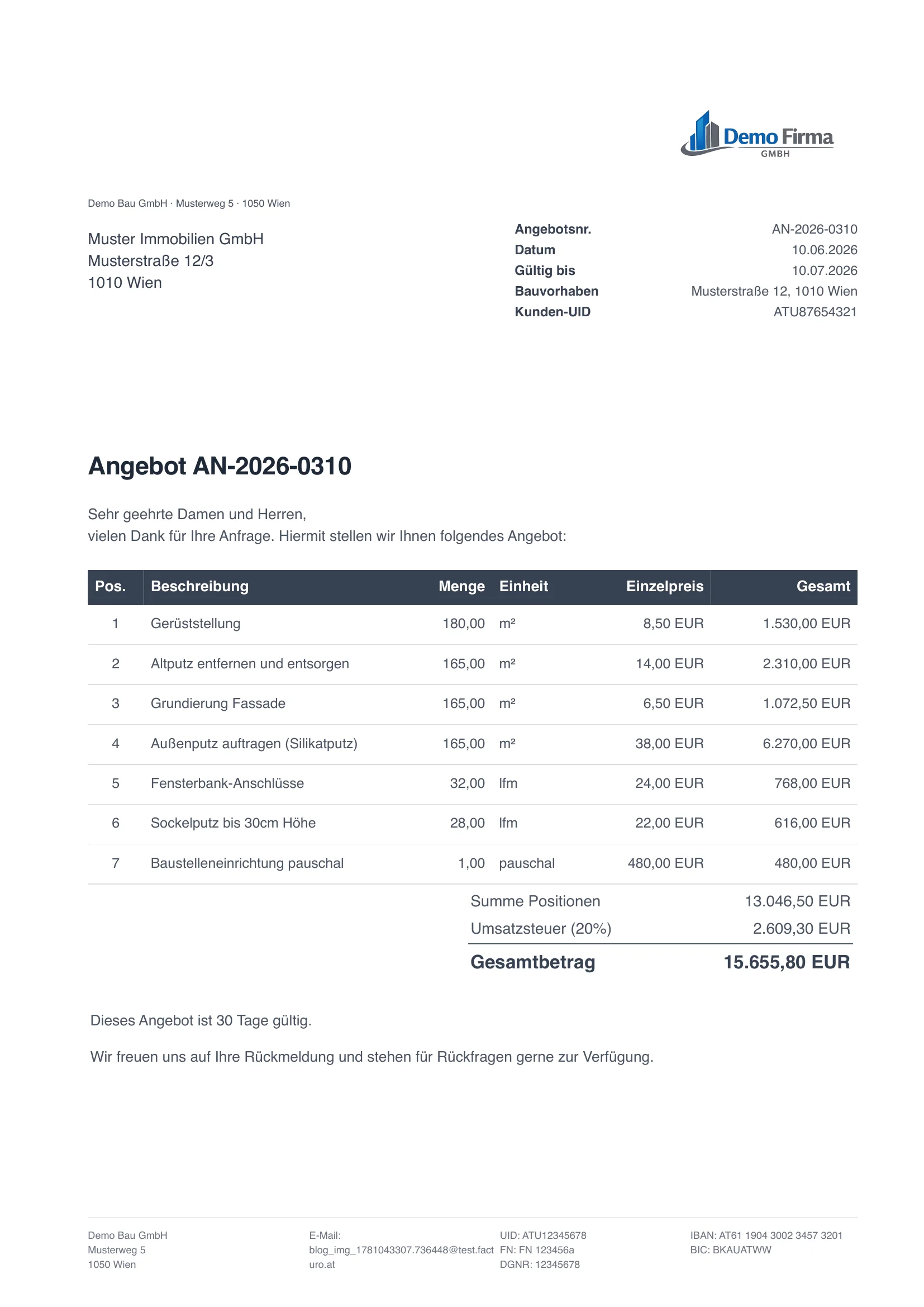Angebot Vorlage Österreich - Muster eines Bau-Angebots mit Leistungsverzeichnis, erstellt mit facturo
