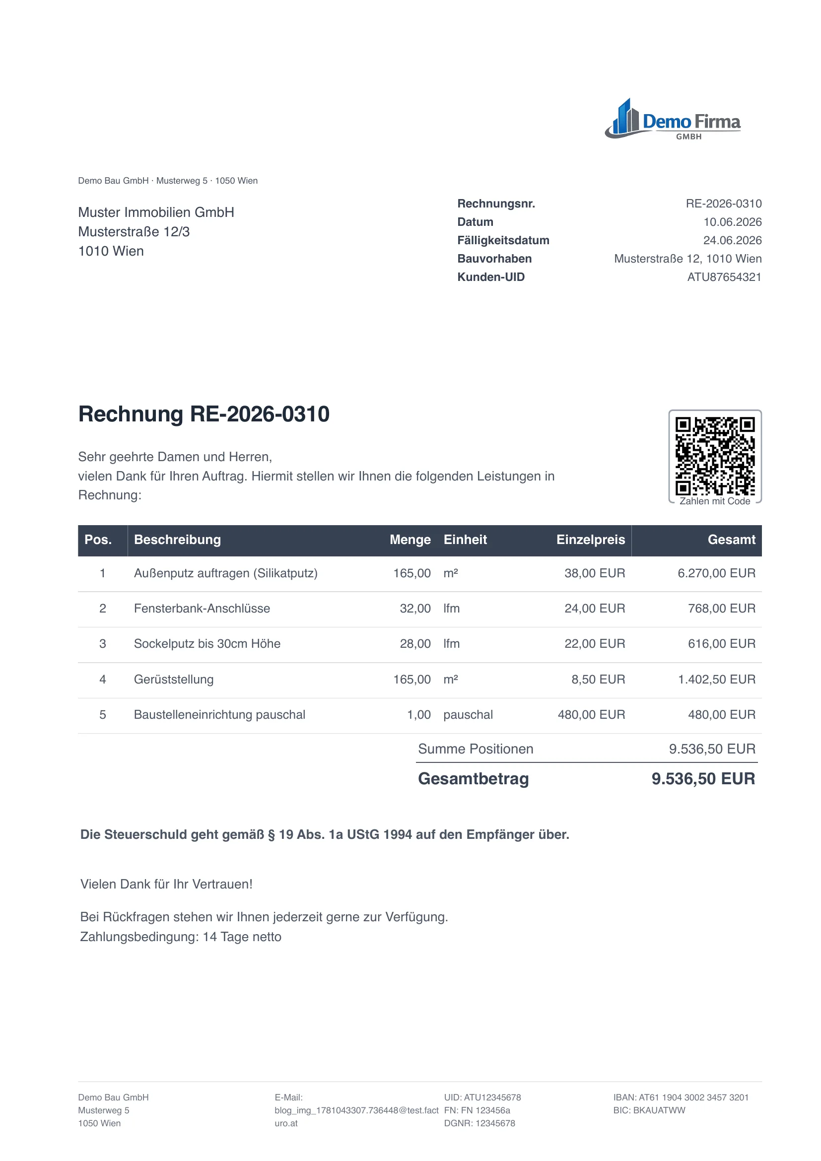 Reverse Charge Rechnung Muster, Rechnung ohne USt mit Hinweis auf den Übergang der Steuerschuld, erstellt mit facturo