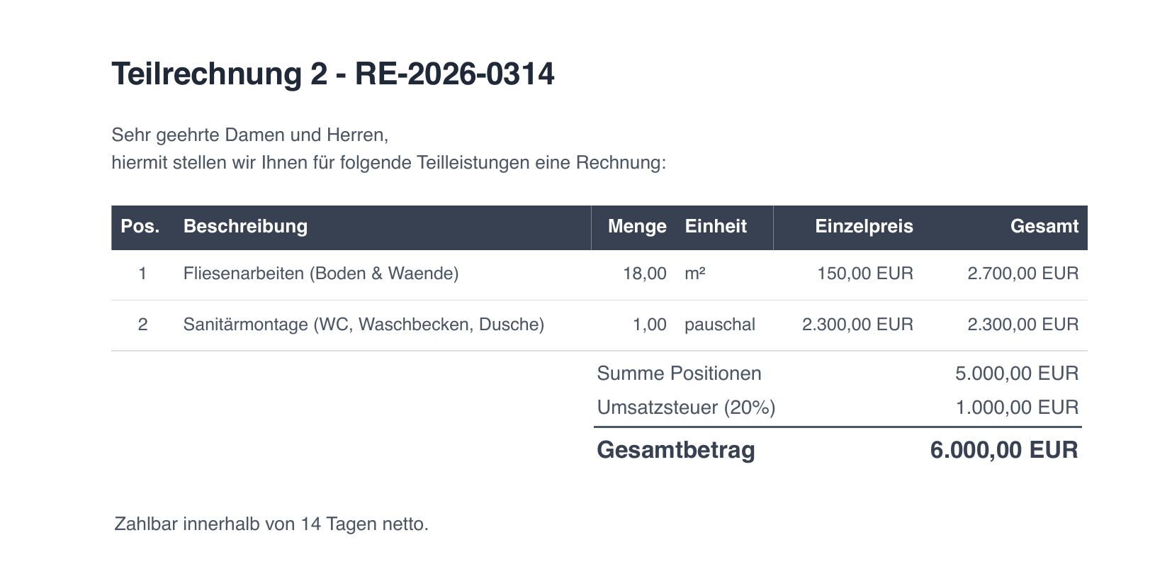 Teilrechnung 2 - Fliesen und Sanitär, 6.000 EUR brutto