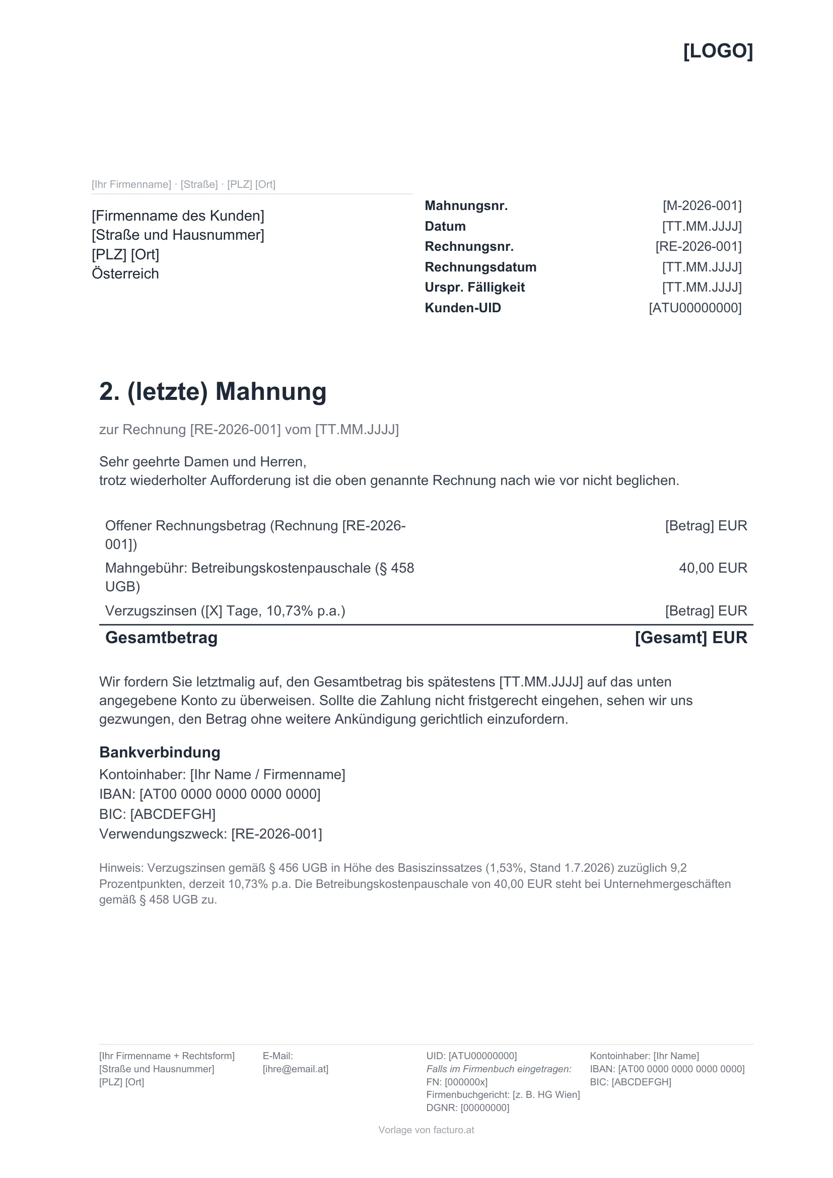 Letzte Mahnung Vorlage für Bauunternehmer